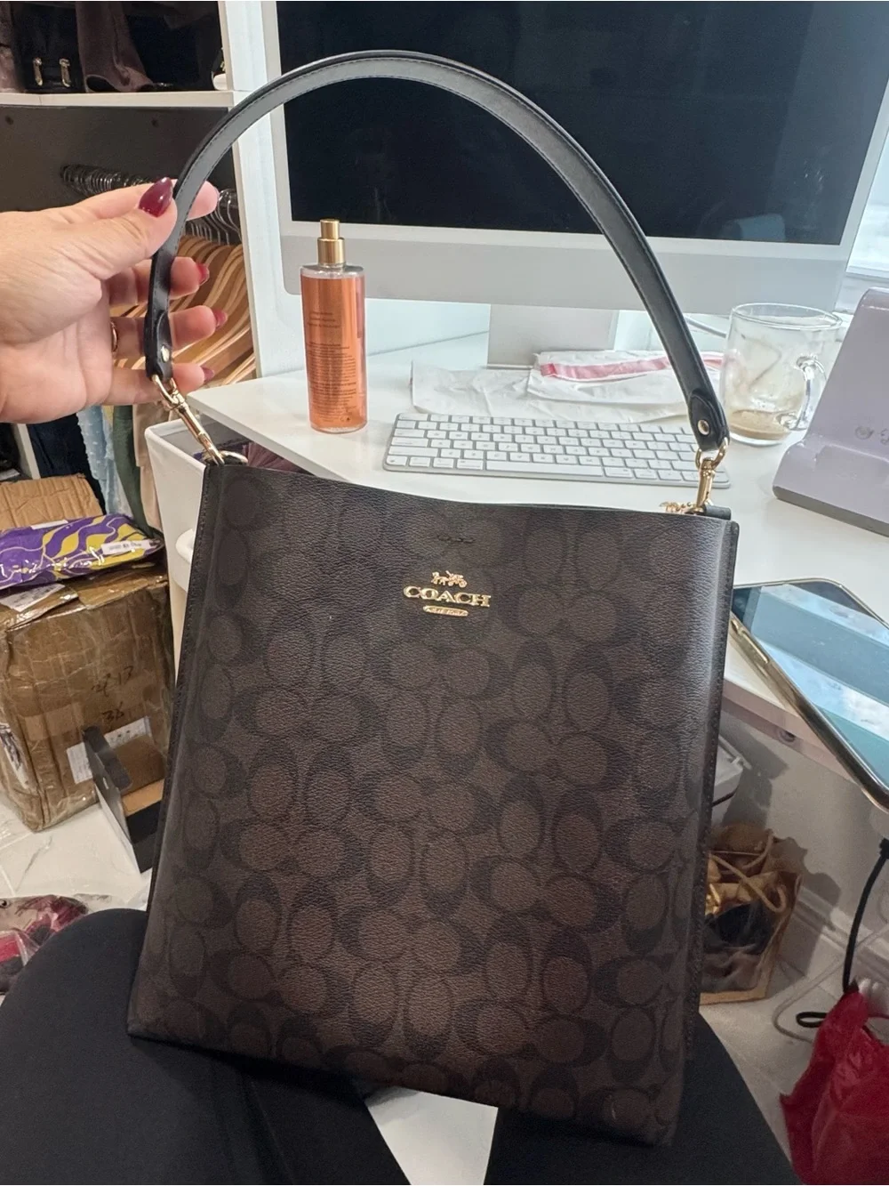 Coach Signature Monogram Shoulder Bag in Brown with Gold Hardware
